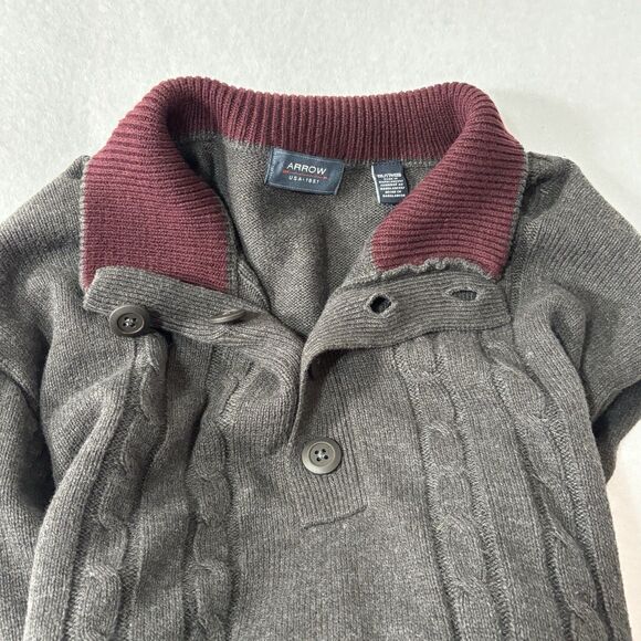 ARROW Cable Knit Sweater Gray Mock Neck w Buttons Thick Warm Pullover - Picture 1 of 9